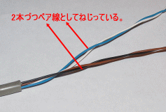 4芯ケーブルの構造で2本づつペア線として、ねじってているため、ノイズ等に対して影響受けにくい。