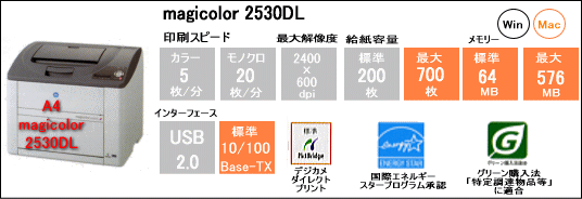 A4 magicolor 2530DL カラーレーザープリンター。多彩なネットワーク環境に対応 !!